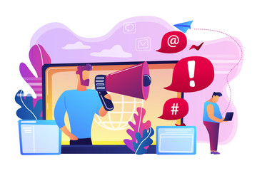 Target individual with laptop attacked online by user with megaphone. Internet shaming, online harassment, cyber crime action concept. Bright vibrant violet vector isolated illustration