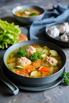 Albondigas soup - Mexican soup with onion, garlic, zucchini, stalk celery and meat balls