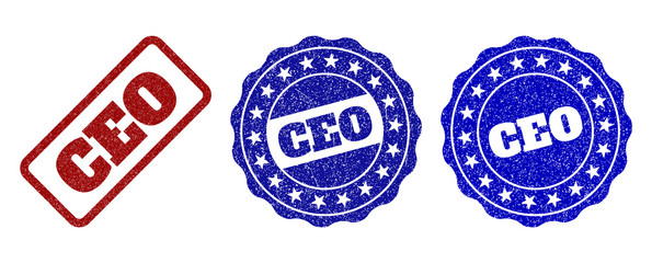 CEO grunge stamp seals in red and blue colors. Vector CEO labels with draft style. Graphic elements are rounded rectangles, rosettes, circles and text labels. Designed for rubber stamp imitations.
