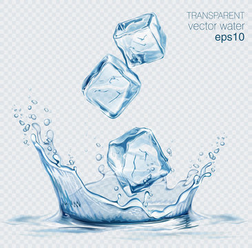 Transparent vector water splash and transparent blue vector ice cubes on light background