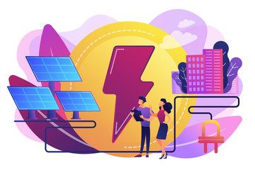 Businessmen use solar energy panels to produce electricity for the city. Solar energy, solar power plant, alternative source of electricity concept. Bright vibrant violet vector isolated illustration