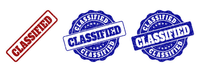 Obraz premium CLASSIFIED scratched stamp seals in red and blue colors. Vector CLASSIFIED watermarks with draft effect. Graphic elements are rounded rectangles, rosettes, circles and text titles.