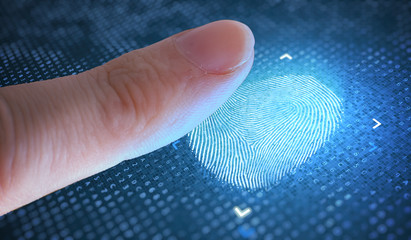 Biometric and security concept. Scanning fingerprint from finger.