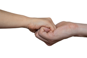 Help and support concept. Two hands holding together. Isolated on white background.
