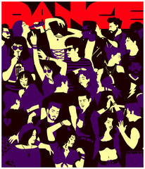 Fototapeta na wymiar Stylized silhouette of crowd of people dancing at party nightlife event in a club, casual mixed group of young adults partying together, simple minimal pop art style flat design vector illustration