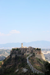 A view of Civita di Bagnoregio, a town in the Province of Viterbo in central Italy, a suburb of the municipality of Bagnoregio, 1 kilometer east from it. It is 120 kilometers north of Rome, Lazio.