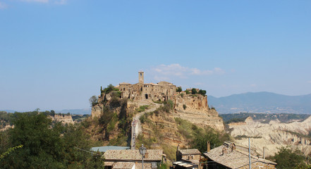 A view of Civita di Bagnoregio, a town in the Province of Viterbo in central Italy, a suburb of the municipality of Bagnoregio, 1 kilometer east from it. It is 120 kilometers north of Rome, Lazio.