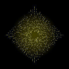 Rays of halo in shape of square or rhombus light and fire flakes rays isolated on black. Art tattoo reference. Gold symbol of religion pride and glory. Angel and saints star burst nimbus. Vector.