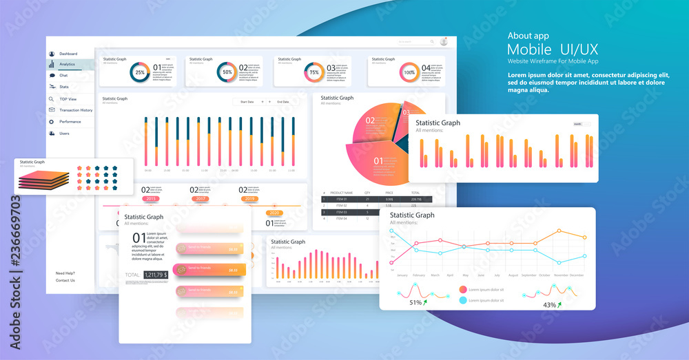 Poster infographic dashboard template with flat design graphs and charts. information graphics elements. ep