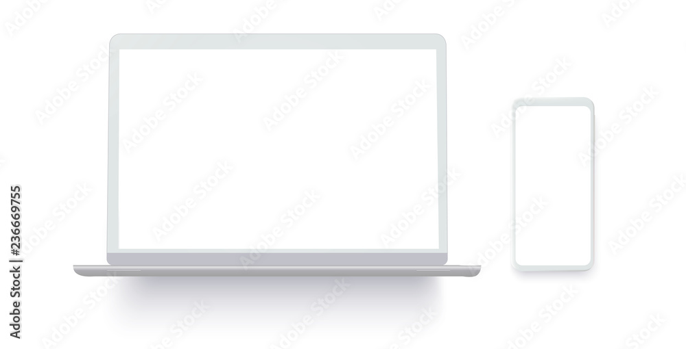 Leinwandbilder White desktop computer display screen smartphone  portable notebook . Outline mockup electronics devices phone and laptop 