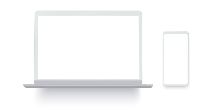 White desktop computer display screen smartphone  portable notebook . Outline mockup electronics devices phone and laptop 