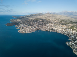 Drone photo of saranda Albania. a Mediterranean city located in Europe, near Greece and Italy  
