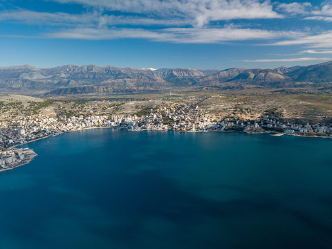 City of Saranda aerial view near the ionian sea part of Mediterranean waters. Albania Europe 