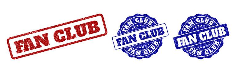 FAN CLUB grunge stamp seals in red and blue colors. Vector FAN CLUB marks with grunge style. Graphic elements are rounded rectangles, rosettes, circles and text captions.