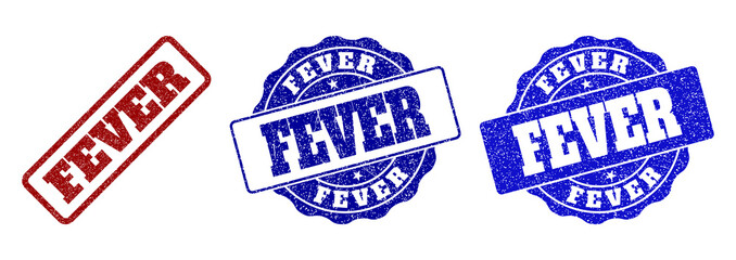 FEVER grunge stamp seals in red and blue colors. Vector FEVER watermarks with grunge style. Graphic elements are rounded rectangles, rosettes, circles and text labels.