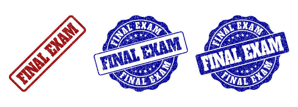 FINAL EXAM scratched stamp seals in red and blue colors. Vector FINAL EXAM marks with dirty style. Graphic elements are rounded rectangles, rosettes, circles and text tags.