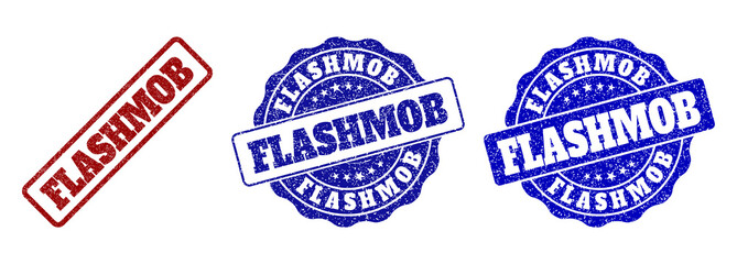 FLASHMOB grunge stamp seals in red and blue colors. Vector FLASHMOB watermarks with grunge surface. Graphic elements are rounded rectangles, rosettes, circles and text titles.