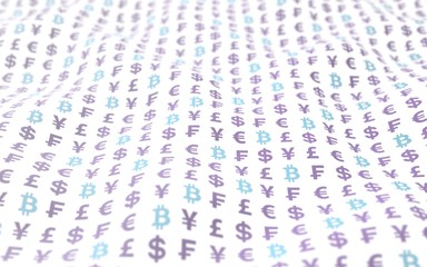 Bitcoin and currency on a white background. Digital crypto symbol. Wave effect, market fluctuations. Business concept. 3D illustration