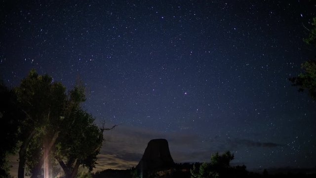 Time lapse sunrise view of Devils Tower USA Wyoming a National Monument Mountain Black Hills famous for the film Close Encounters 