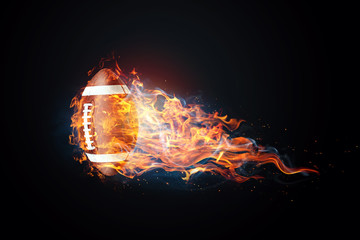 American football game. Soccer ball enveloped by fire. The concept of sport, wrestling, speed, opposition. Mixed media, copy space.