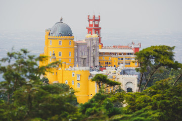 The Pena Palace, a Romanticist castle in the municipality of Sintra, Portugal, Lisbon district,...