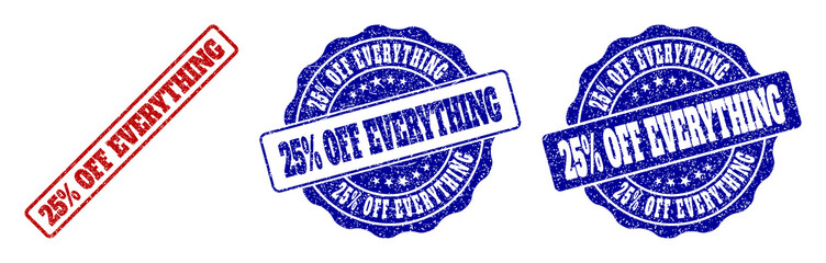 Fototapeta premium 25% OFF EVERYTHING scratched stamp seals in red and blue colors. Vector 25% OFF EVERYTHING labels with draft style. Graphic elements are rounded rectangles, rosettes, circles and text labels.