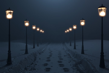 Verschneite Strasse mit frischen Schneespuren und umgeben von alten leuchtenden Strassenlaterne in der Nacht. 3D Rendering