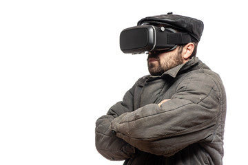 Fototapeta na wymiar Old fashioned man develops virtual reality headset, studio
