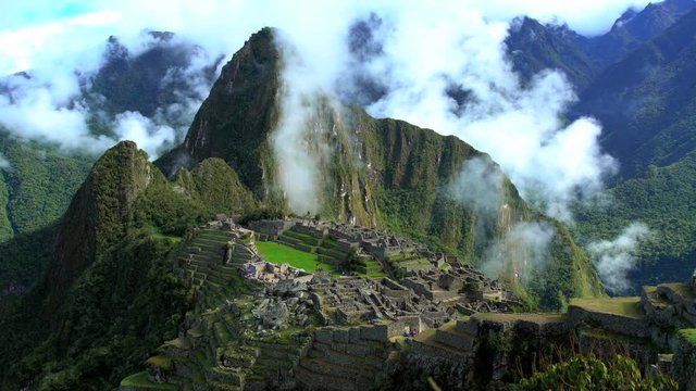 View of Inca city ruins of Machu Picchu an ancient lost civilization in the Sacred Mountain Urubamba Valley Peru South America