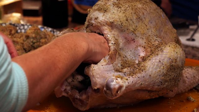 Stuffing a Turkey on Thanksgiving Close Up