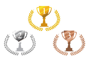メタリックの質感の金銀銅の月桂樹 ローレルつきトロフィーのイラストセット Trophy Illustration Wall Mural Globeds