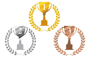 金銀銅の月桂樹 ローレルつきトロフィーのイラストセット 1位 3位のトロフィー Trophy Illustration Accolade Wall Mural Accola Globeds