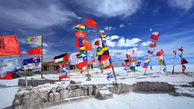 Salar de Uyuni Salt flats World International Flags flying a desert Lake Extreme Terrain Wilderness environment Bolivia South America