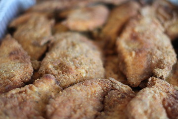 Closeup of fried chicken thighs