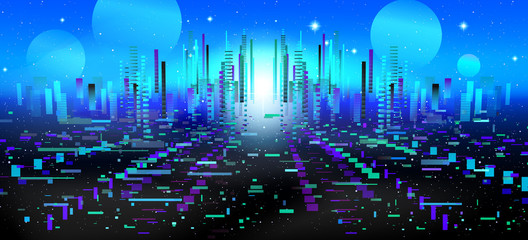 Vector illustration of a futuristic city of the future. Fantasy, technocracy, virtual reality. Blue sky.