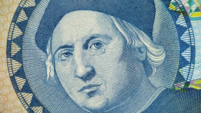 Christopher Columbus portrait on Bahamas 1 dollar banknote rotating. 4K UHD video footage