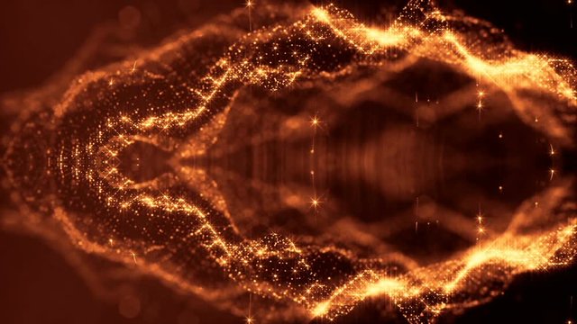 luminous particles like Christmas lights hanging in the air, flying and forming abstract shapes and surfaces. abstract particle background as sci-fi or microcosm, nano world. Golden v22