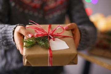 Hands of woman holding christmas gift box. Christmas