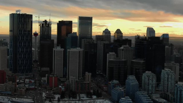 Aerial Drone Shot of City Skyscrapers at Sunset, Calgary Downtown City Skyline, Alberta Canada. Oil and Gas City 
