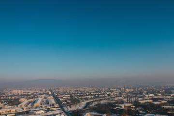 Mukachevo little city landscape with snowy background