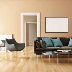 Modern bright interiors with mock up poster frame illustration 3D rendering computer generated image