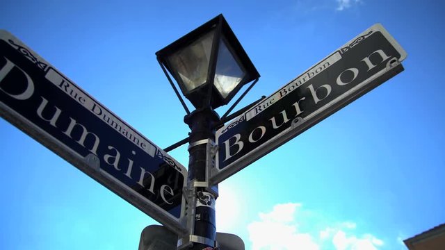 View of Bourbon street sign in the French Quarter of architectural New Orleans Louisiana
