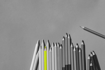 Black and white picture of pencils colour. But there are someting that are colored. / Difference concept.