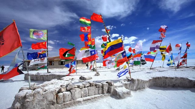 Salar de Uyuni Salt flats World International Flags flying a desert Lake Extreme Terrain Wilderness environment Bolivia South America