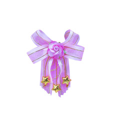 Festive decoration pink bow with rose flower and star patterns hanging isolated on white background, clipping path