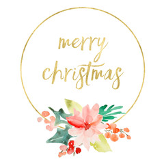 Watercolor Christmas Background with Holly Berries and Leaves