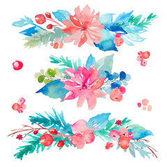 Watercolor Christmas Background with Holly Berries and Leaves