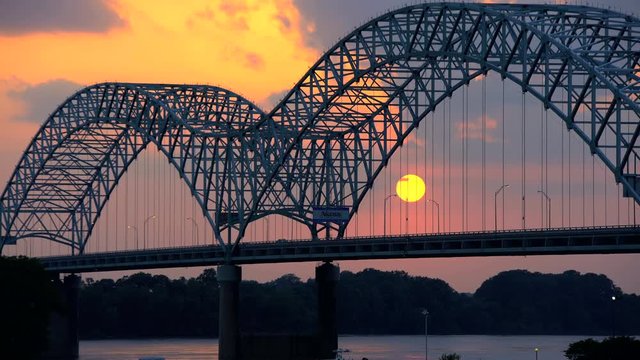 Sunset view of the Memphis Road Bridge in Southern Tennessee on Interstate 40 across the Mississippi River USA 