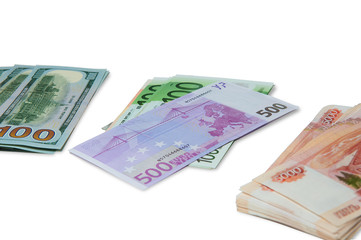 Obraz na płótnie Canvas Money. Money from different countries. Travel expenses concept uncropped on white background.