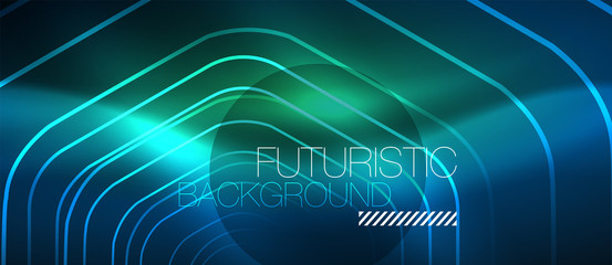 Neon glowing lines, magic energy space blue light concept, abstract background wallpaper design